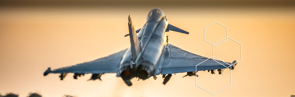 RAF Typhoon taking off in sunset