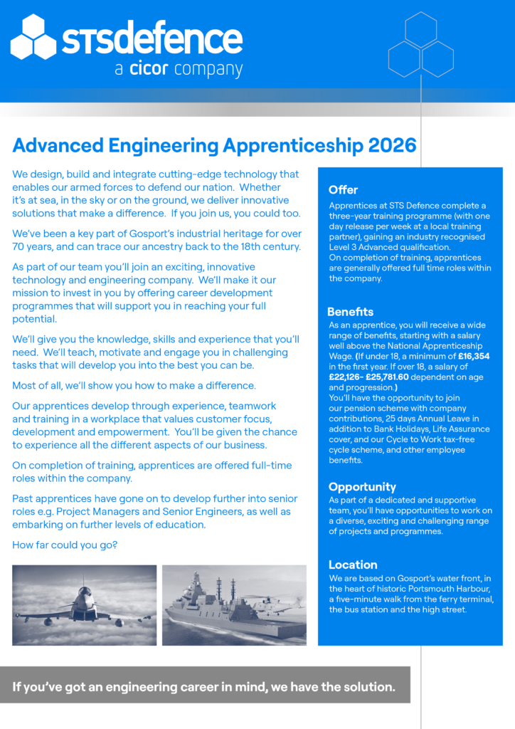 A graphic of STS Defence's 2026 apprentice flyer.