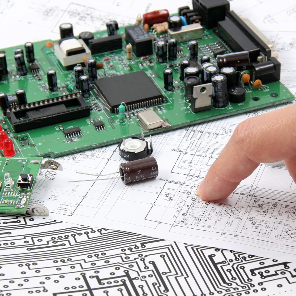 A cropped stock image of a hand pointing at a diagram of a circuit board, with an incomplete circuit board nearby.
